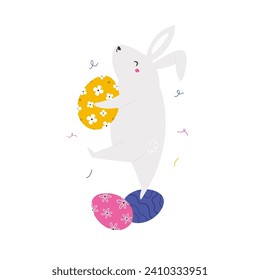 Easter greeting card with funny rabbit, bunny dancing with painted, decorated eggs. Vector holiday illustration in a flat style. Easter hunt