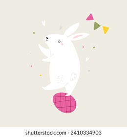 Easter greeting card with funny rabbit, bunny dancing at painted, decorated egg. Vector holiday illustration in a flat style. Easter hunt