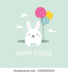 Easter greeting card with funny rabbit, bunny and colorful balloons. Vector holiday illustration in a flat style