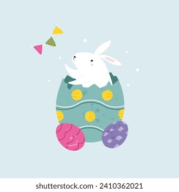 Easter greeting card with funny rabbit, bunny sitting in a decorated egg. Vector holiday illustration in a flat style