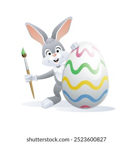 Easter greeting card. Funny rabbit artist with Easter egg and paint brush. Vector illustration.