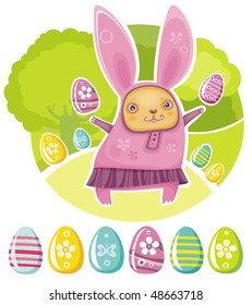 Easter greeting card with funny rabbits and little set of Easter eggs