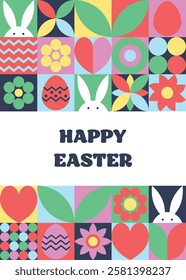 Easter greeting card in geometric style. Mosaic background with bunny, egg and flower. Abstract design.  Vector illustration