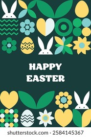 Easter greeting card in geometric style. Mosaic background with bunny, egg and flower. Abstract design.  Vector illustration