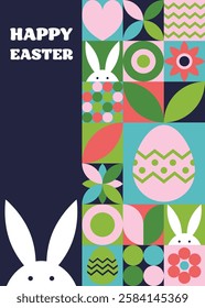 Easter greeting card in geometric style. Mosaic background with bunny, egg and flower. Abstract design.  Vector illustration