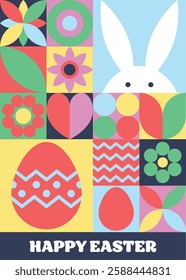 Easter greeting card in geometric style. Mosaic background with bunny, egg and flower. Abstract design.  Vector illustration