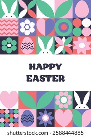 Easter greeting card in geometric style. Mosaic background with bunny, egg and flower. Abstract design.  Vector illustration