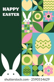 Easter greeting card in geometric style. Mosaic background with bunny, egg and flower. Abstract design.  Vector illustration