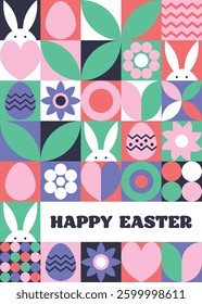 Easter greeting card in geometric style. Mosaic background with bunny, egg and flower. Abstract design.  Vector illustration