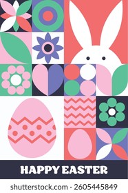 Easter greeting card in geometric style. Mosaic background with bunny, egg and flower. Abstract design.  Vector illustration