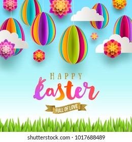Easter greeting card - Easter greeting with glitter gold ribbon and  paper csene with eggs, flowers, clouds and grass. Vector illustration.