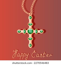 Easter greeting card with gold cross on a chain with emeralds.