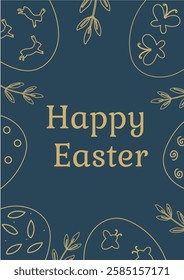 Easter greeting card with gold texture. Happy Easter on blue background.