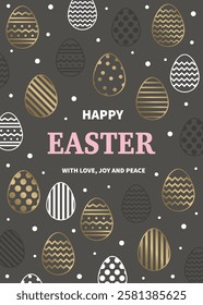 Easter greeting card with golden eggs in geometric pattern. Minimal design. Vector illustration 