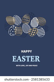 Easter greeting card with golden eggs in geometric pattern. Minimal design. Vector illustration 