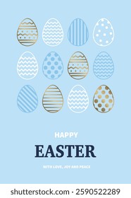 Easter greeting card with golden eggs in geometric pattern. Minimal design. Vector illustration 