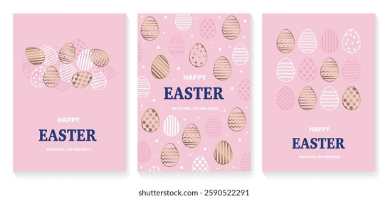 Easter greeting card with golden eggs in geometric pattern. Minimal design. Collection. Vector illustration