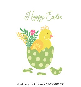 Easter greeting card with a green easter egg and a newborn little chicken in it. Spring flowers. Hand drawn vector illustration isolated on white background. Great for Easter products design.