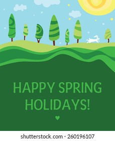 Easter greeting card. Green landscape with growing trees, sun and easter bunny. Funny illustration.