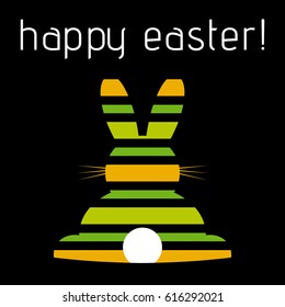 Easter greeting card - green, orange, yellow striped rabbit, rear view and white text in front of a black background
