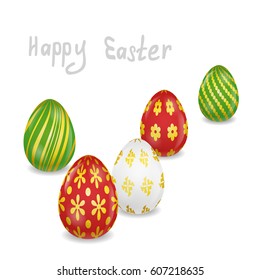 Easter greeting card with a group of bright standing eggs 