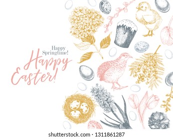 Easter greeting card. Hand drawn vector banner. Eggs, nest, cake, willow branch, quail, hydrangea, tulip, mimosa, hyacynth. Vintage engraved spring holiday decoration. Traditional retro icon set.