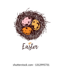 Easter greeting card. Hand drawn vector banner. Sketched nest with three quail or chicken eggs. Colored in pink, orange, yellow. Vintage engraved spring holiday decoration. Traditional retro icon set.