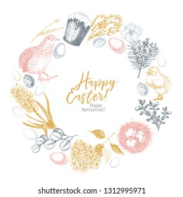 Easter greeting card. Hand drawn vector banner. Eggs, nest, cake, willow branch, quail, hydrangea, tulip, mimosa, hyacynth Vintage engraved spring holiday decoration Traditional retro icon set.