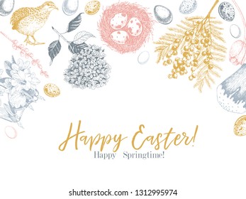 Easter greeting card. Hand drawn vector banner. Eggs, nest, cake, willow branch, quail, hydrangea, tulip, mimosa, hyacynth Vintage engraved spring holiday decoration Traditional retro icon set.