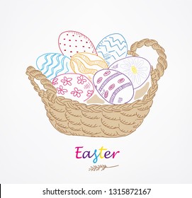 Easter greeting card. Hand drawn vector illustration. Sketched basket with easter eggs. Vintage engraved spring holiday decoration. Use for poster, flyer, banner.