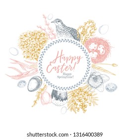 Easter greeting card. Hand drawn vector banner. Eggs, nest, cake, willow branch, quail, hydrangea, tulip, mimosa, hyacynth Vintage engraved spring holiday decoration Traditional retro icon set.