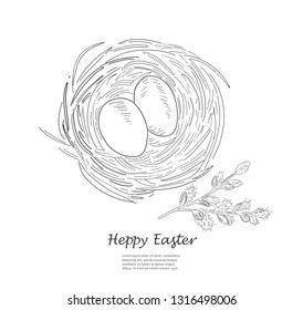 Easter greeting card. Hand drawn vector illustration. Sketched nest with two eggs and a willow branch. Vintage engraved spring holiday decoration. Use for poster, flyer, banner.
