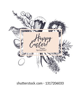 Easter greeting card. Hand drawn vector banner. Willow bracnh wreath with eucalyptus and poppy flower. Easter happy spring. Vintage engraved spring holiday decoration. Traditional retro icon set.