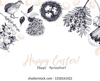 Easter greeting card. Hand drawn vector banner. Eggs, nest, cake, willow branch, quail, hydrangea, tulip, mimosa, hyacynth Vintage engraved spring holiday decoration Traditional retro icon set.