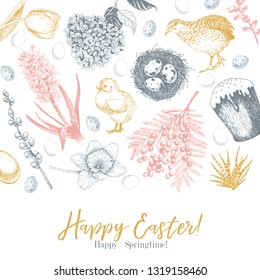Easter greeting card. Hand drawn vector banner. Eggs, nest, cake, willow branch, quail, hydrangea, tulip, mimosa, hyacynth Vintage engraved spring holiday decoration Traditional retro icon set.