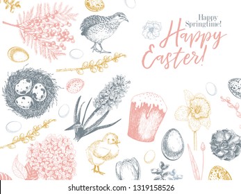 Easter greeting card. Hand drawn vector banner. Eggs, nest, cake, willow branch, quail, hydrangea, tulip, mimosa, hyacynth Vintage engraved spring holiday decoration Traditional retro icon set.