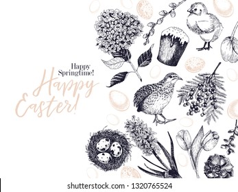 Easter greeting card. Hand drawn vector banner. Eggs, nest, cake, willow branch, quail, hydrangea, tulip, mimosa, hyacynth Vintage engraved spring holiday decoration Traditional retro icon set.