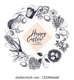 Easter greeting card. Hand drawn vector banner. Eggs, nest, cake, willow branch, quail, hydrangea, tulip, mimosa, hyacynth Vintage engraved spring holiday decoration Traditional retro icon set.
