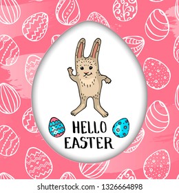 Easter greeting card with hand drawn funny bunny and eggs on pink seamless background. Paper cut effect. Vector 10 EPS illustration.