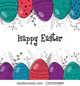 Easter greeting card with hand drawn painted eggs. Vector
