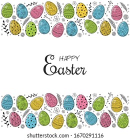 Easter greeting card with hand drawn painted eggs. Vector