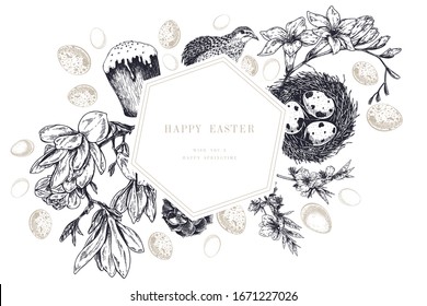 Tarjeta de felicitación de Pascua. Banner vector dibujado a mano. Huevos, nido, torta, rama de sauce, codorniz, hidrangea, tulipán, magnolia, jacinto, lilac. Decoración vintage de vacaciones de primavera Icono retro tradicional