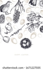 Easter greeting card. Hand drawn vector banner. Eggs, nest, cake, willow branch, quail, hydrangea, tulip, magnolia, hyacynth, lilac. Vintage engraved spring holiday decoration Traditional retro icon s