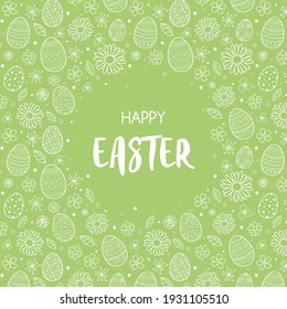 Tarjeta de saludo de Pascua con huevos a mano y flores. Vector