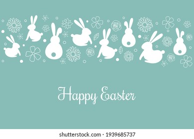 Easter greeting card with hand drawn bunnies and flowers. Vector