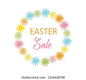 Tarjeta de felicitación de Pascua. Ilustración dibujada a mano. Leyenda floral y letras "Easter sale".  Adecuado para banner, afiche, postal, folleto, publicidad, redes sociales