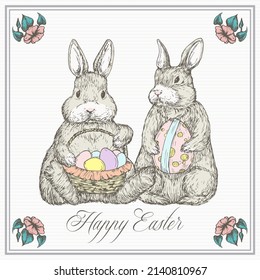 Easter Greeting Card with Hand Drawn Cute Bunnies Vector Illustration. Little Rabbits holding Basket Full of Eggs Abstract Sketch. Spring Holiday Engraving Style Drawing Background. Isolated