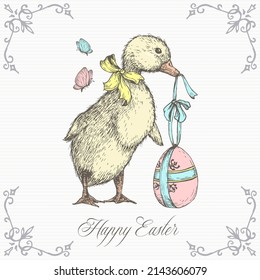 Easter Greeting Card with Hand Drawn Cute Duckling Vector Illustration. Little Duck holding Gift Egg Abstract Sketch. Spring Holiday Engraving Style Drawing Background. Isolated