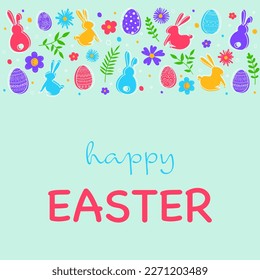 
Easter greeting card with hand drawn eggs, bunnies and flowers. Concept of Easter decoration. Vector illustration 