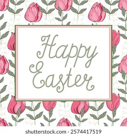 Easter greeting card. Hand drawn text on floral pattern. Template for poster, greeting card, invitation or postcard. 